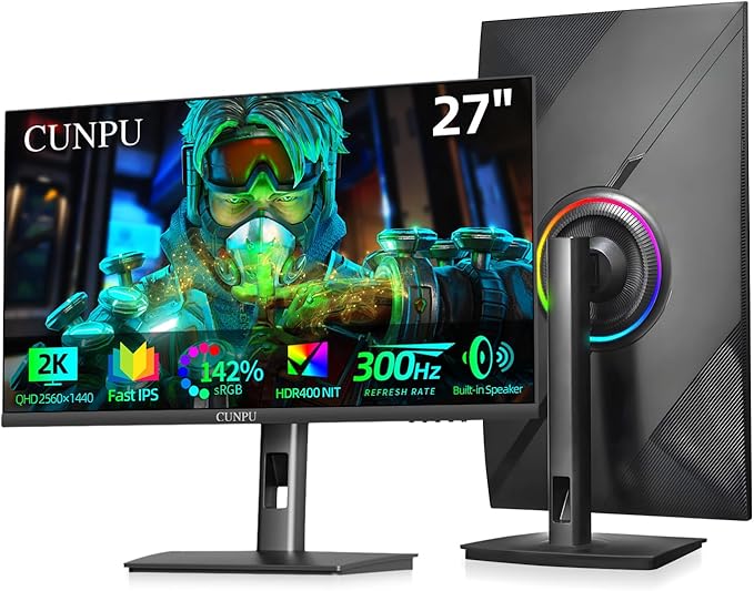 27-inch Gaming Monitor 300Hz QHD(2560× 1440p), 1MS,Fast IPS,142% sRGB, MAX400Nit, VESA,FreeSync, Built-in Dual Speakers, HDMI 2.1& DP 1.4,Height/Pivot/Tilt/Swivel Vertical Monitor, for PS5/Xbox