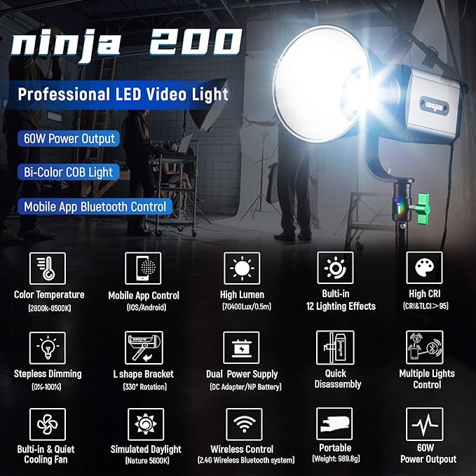 Weeylite Ninja 200 60W LED Video Light, Bi-Color 2800-8500K LED Continuous Lighting with CRI 95+ 15400lux@1m, App Control and Bowens Mount Adapter for Portrait Wedding Outdoor Shooting YouTube Videos