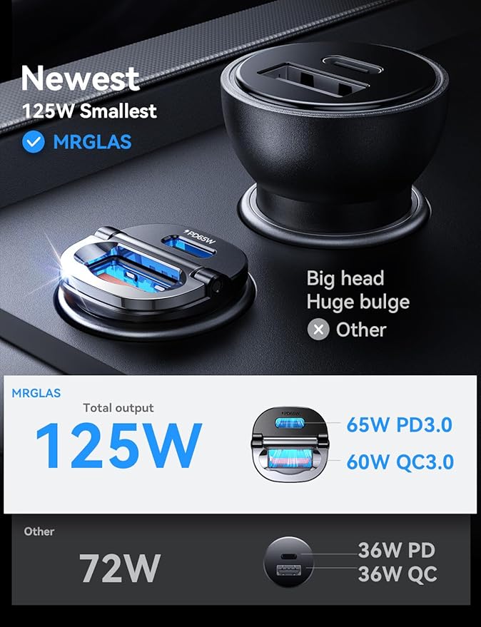【Upgraded】 125W Car Charger USB C Super Fast Charging, [PD65W & QC60W][All Metal] MRGLAS Cigarette Lighter Car Charger, Car Accessories for iPhone 17 16 Pro Max Air iPad Samsung S25 Pixel 10