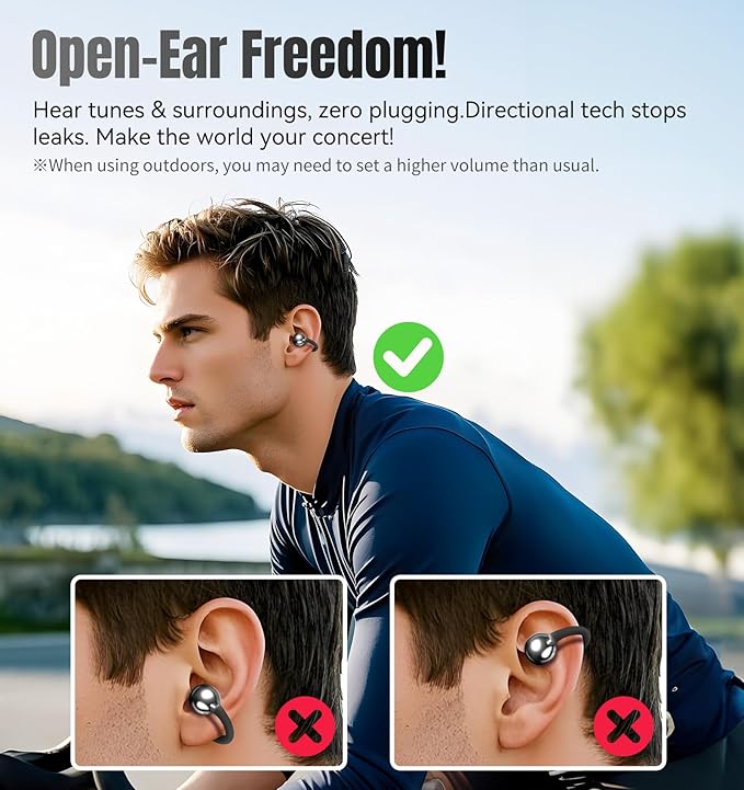 King Lucky Clip-on Earbuds,Open Ear Earbuds Wireless Bluetooth 5.4,Lightweight Open Ear Headphones with C-Shaped Bridge,Slim Hook, 50H Battery,Waterproof,for Glasses Wearers and Workouts (Black)