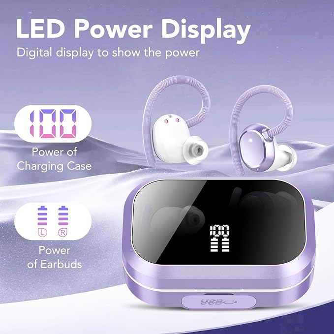 KT1 Wireless Earbuds V5.3 Bluetooth Earbuds 120Hrs Playtime, 4.7g Mini Size Painless Wear, IPX7 Waterproof, Deep Bass 2.0, Over-Ear Ear Buds Wireless Bluetooth Headphones for Sport Running(Purple)