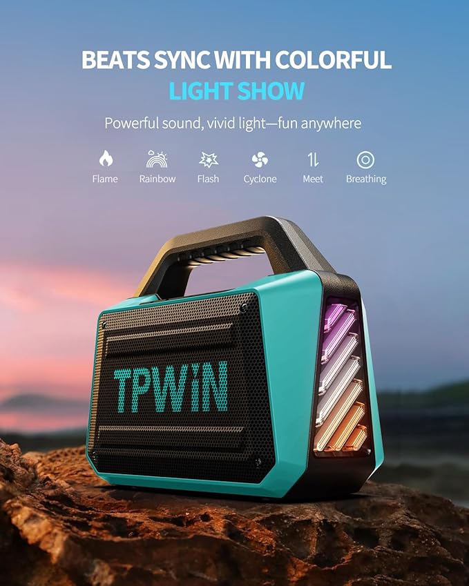 Powerful 80W Outdoor Bluetooth Speaker: IPX6 Waterproof, Rugged, 20H Playtime, Deep Bass, Lightshow, TWS, BT 5.3 Wireless, Portable for Travel Hiking Camping Beach Pool - Teal