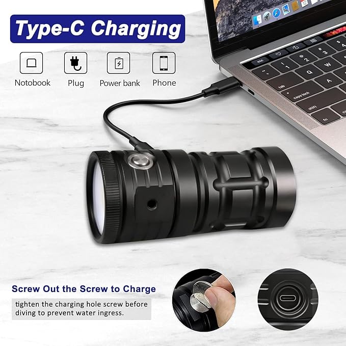 Dive Light for Underwater Photography, 4500 Lumens Super Bright Diving Flashlight, 100M Waterproof Underwater Video Light with Type-C Charging, Professional for Underwater Lighting