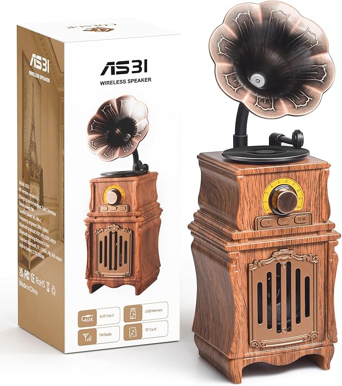 Retro Bluetooth Speaker with FM Radio, Bass, Retro Radio 5.3 Wireless Speaker Vintage Radios Support USB/TF/AUX Player for Home Office Room Outdoor Party, Portable Rechargeable