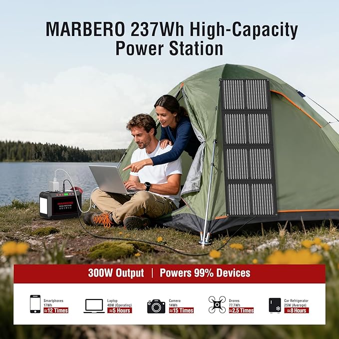 MARBERO 237Wh Solar Generator with Solar Panel Included Portable Power Station 300W Pure Sine Wave with Foldable Solar Panel 60W Set for Camping Outdoor Hiking Fishing Emergency