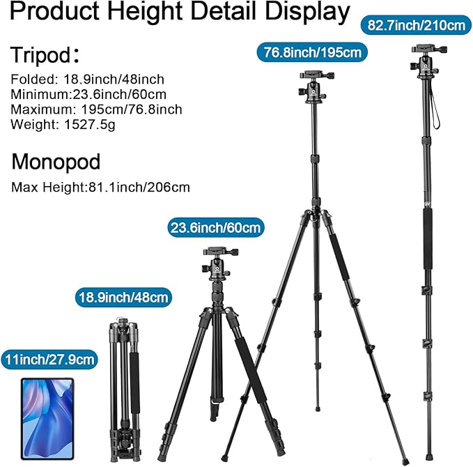 77 inch Professional Camera Photography Tripod,Ball Head Aluminum DSLR/SLR Tripod & Monopod with Carry Bag Compatible with Canon Nikon Binoculars Laser Telescop(Black)