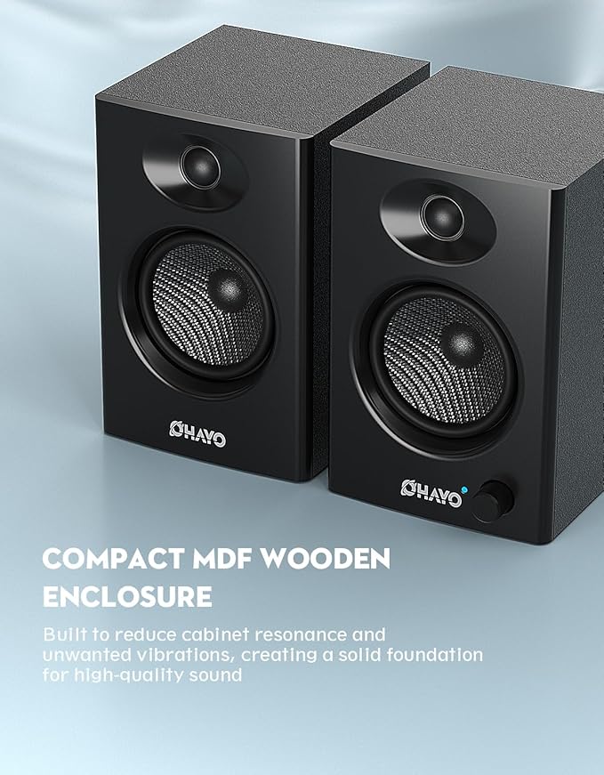 OHAYO 60W Computer Speakers for Music and Gaming, Active Bluetooth 5.3, Stereo 2.0 Speakers for Desktop PC or Laptop, 3.5mm Aux RCA Input, USB-Powered, 1 Pair, Black