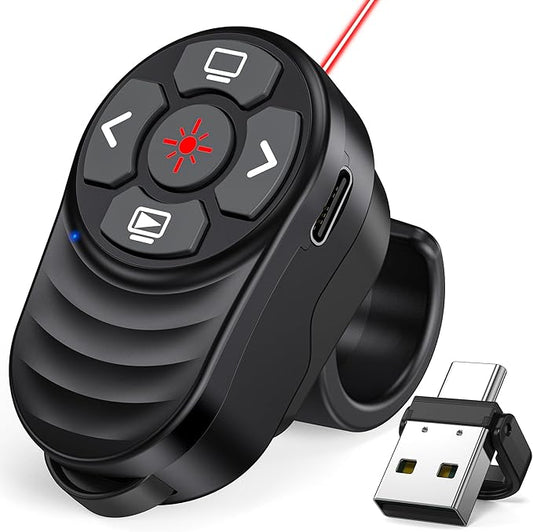 Rechargeable USB Type C Wireless Presentation Clicker, Finger Ring Clicker Powerpoint Clicker with Red Light & Volume Control, Wireless Presenter Remote Pointer for Slide MAC Computer PC Laptop
