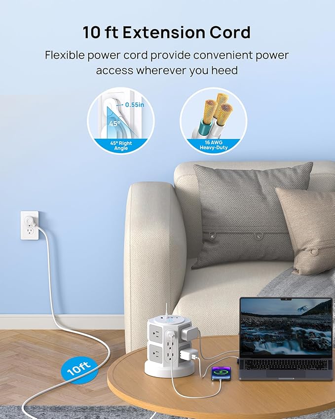 TROND Tower Surge Protector Power Strip, 10 ft Ultra Thin Flat Plug Extension Cord, 14 Widely Spaced Outlets and 4 USB Ports (2 USB-C), 2100J, Overload Protection for Home Office Desk, Dorm Essentials