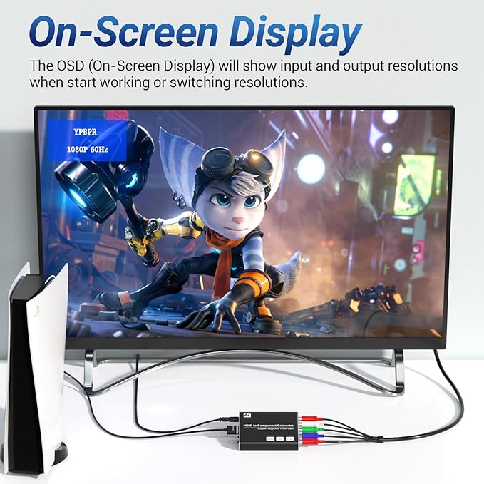 4K HDMI to Component Converter with Scaling Function, HDMI to YPbPr Converter Support 4K/60Hz Input, Support 480i/576i Component Output, Compatible with DVD/PS3/PS4/PS5/Amazon Fire TV Sticks