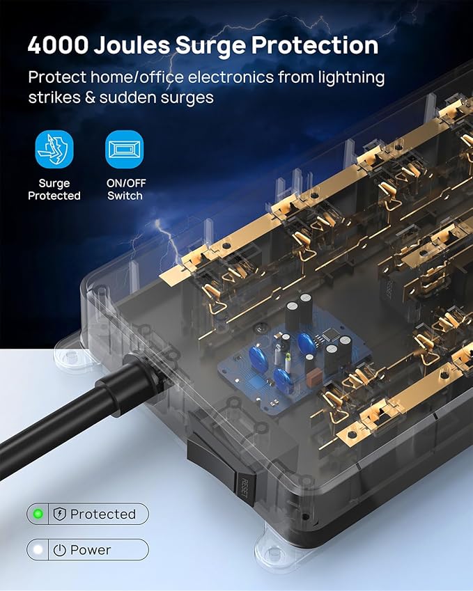 TROND Surge Protector Power Strip, 5ft Heavy Duty Extension Cord with 32W USB C & QC 3.0 Charger, 4000 Joules, ETL Listed, 13 Wide Spaced Outlets, Flat Plug, Wall Mount for Home Office Supplies, Black