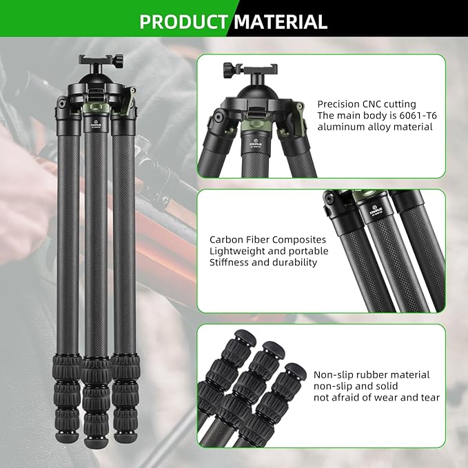 FANAUE Carbon Fiber Tripod 360 Degree Ball Head, Quick-Release Arca-Swiss Mount System, Adjustable Legs, Shooting Rest, and Hands-Free Operation for Hunting, Shooting, and Outdoors