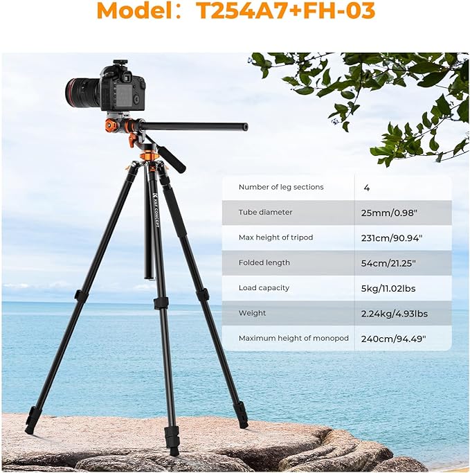 K&F CONCEPT 90''/230cm Overhead Camera Tripod, Horizontal Shooting Video Tripods with Fluid Head Heavy Duty 10KG Load Capacity, Detachable Monopod, for Indoor and Outdoor Use T254A7+FH-03