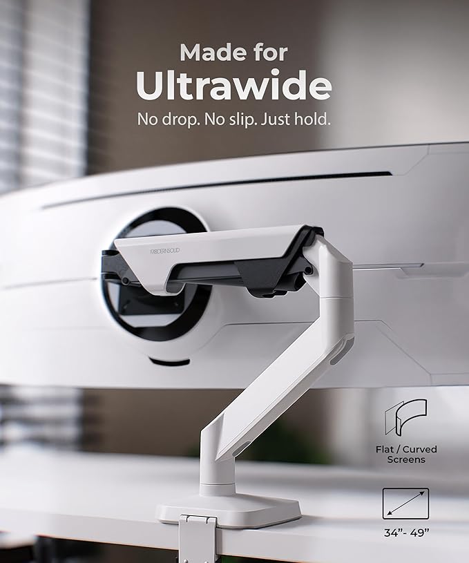 Heavy Duty Monitor Arm Desk Mount for 34-49 Inch Ultrawide Curved Monitors, Supports 14-38 lbs, Gas Spring Ergonomic Full Motion with Cable Management, Red Dot Design Awarded, White
