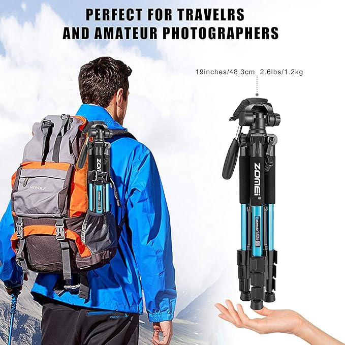 Portable 55-inch Camera Tripod Q111 Lightweight Phone Stand with Phone Holder and Quick Release Plate for DSLR Cameras,Cell Phones,Projector,Webcam,Spotting Scopes Canon EOS Nikon Sony Samsung(Blue)