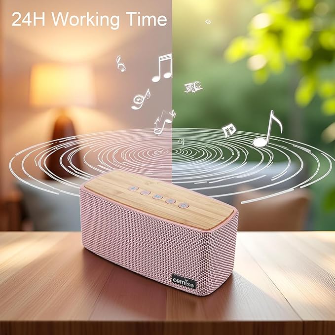 comiso Bluetooth Speakers, Portable Speaker 5.0 with 20W Stereo Sound, Wireless Stereo Pairing, Wood Bluetooth Audio with Subwoofer, 24H Playtime, Hands-Free, Great for Office, Home, Outdoor(Pink)