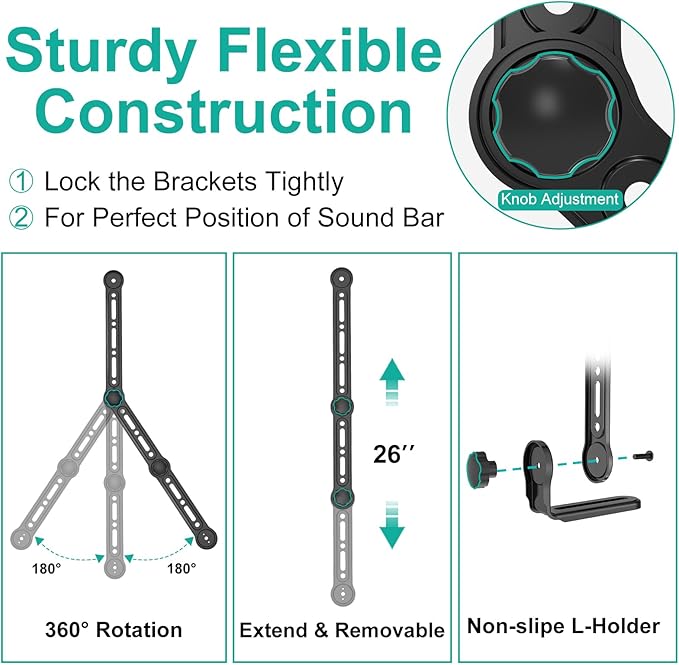 WALI Universal Soundbar Mount for TV, Heavy-Duty Bracket for Mounting Above or Below Screen, Holds Up to 33 lbs, Fits Samsung, Sony， Bose，LG，Vizio，Roku,Vizio,Bose & More (SBR206)