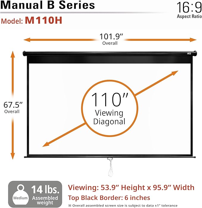 Elite Screens Manual Pull Down Projector Screen 110-INCH Home Movie Cinema Gaming Office Presentation, ISF Certified, Auto-Lock Mechanism, 4K / 8K 3D Ultra HDR HD Ready, M110H