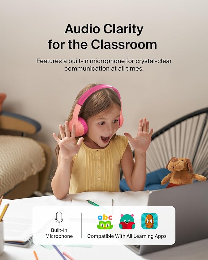 Belkin SoundForm Mini w/Case - Wireless Bluetooth Kids Headphones with 30H Battery Life, 85dB Safe Volume Limit, Built-in Microphone - Kids On-Ear Earphones for iPhone, iPad, & More - Pink