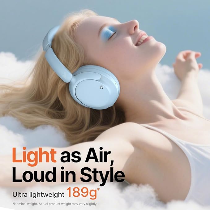 VOKALEN Hyper GO Wireless Over-Ear Noise Cancelling Headphones with Mic, 60H Playtime, Bluetooth Headset, Hi Res Audio, Deep360 Spatial Audio, Ultra-Lightweight for Travel, Work, Study (Sky Blue)