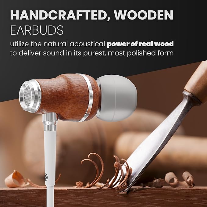 Symphonized iPhone Earphones Wired Deep Bass Sound, 3D Sound, Microphone Volume Control, 90% Noise Cancelling, Bubinga Wooden with Lightning (Apple MFI Certified), iPhone SE to 14 Earbuds (White)