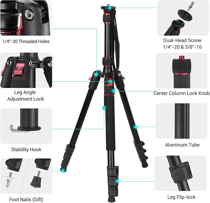 SmallRig T-10 Camera Tripod, 68" Foldable Aluminum Tripod & Monopod, Compatible with 1/4"-20 and 3/8"-16 Video Head, Payload 33lb, Adjustable Height from 19.7" to 67.7" for Camera, Phone - 3983