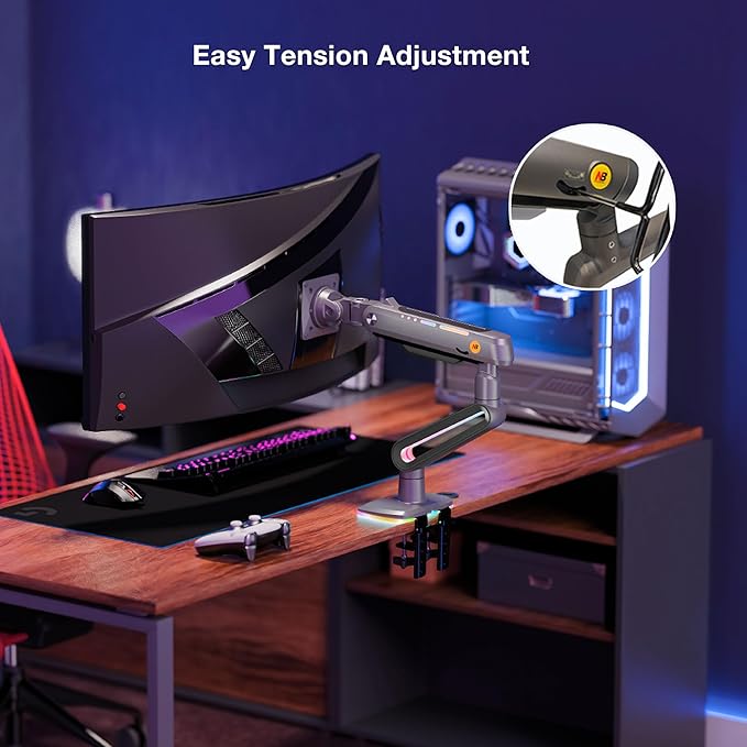 NB Designer Gaming Monitor Arm for 32 to 60 Inches Screen, Load up to 20 kg, VESA 75/100, RGB-Light, Heavy Duty, Multi Angle Adjustable, Premium Aluminum, Long Arm Extension Grey Black