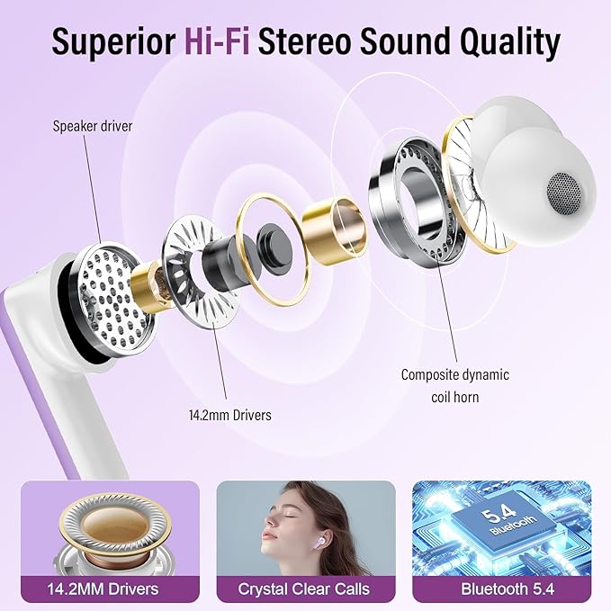 Wireless Earbuds, Bluetooth 5.4 Ear Buds with Multifunctional Touch Screen, 48H Bass Stereo Headphones with ANC/ENC Noise Cancelling/Transparency Mode, IPX7 Earphones with 5 EQ Modes, Purple