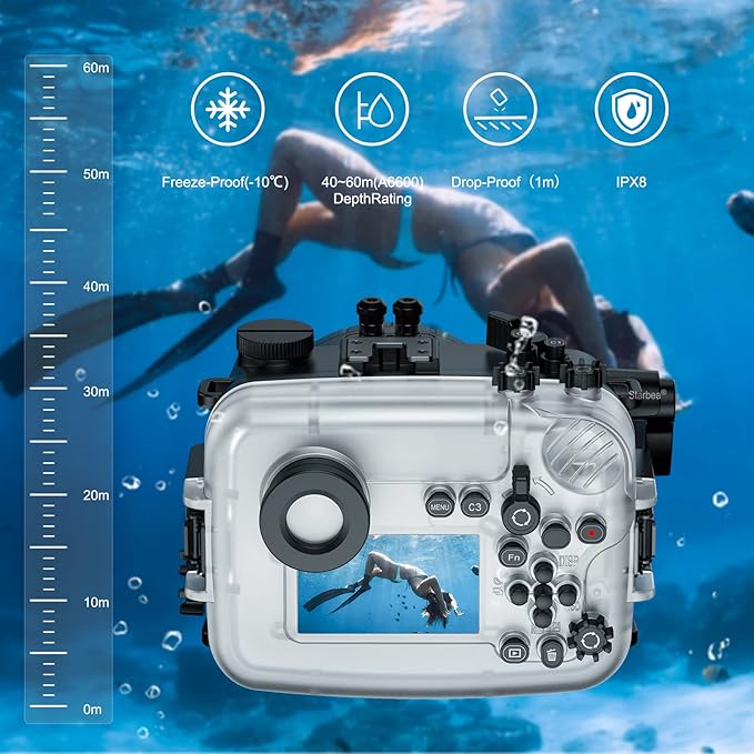Sea frogs Underwater Camera Case Compatible with Sony A6600 10-18MM with Wide Angle Fisheye Lens IPX8 40m/130ft Maximum Diving Depth Waterproof Camera Housing for Diving, Surfing, Rowing, Skiing