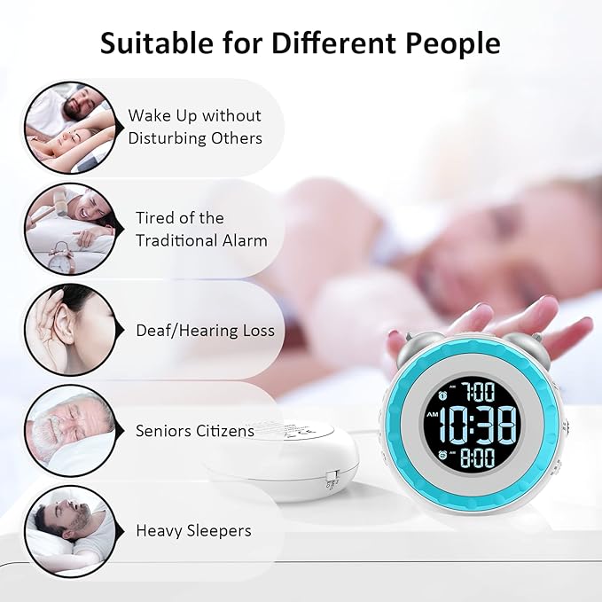 uscce Loud Dual Alarm Clock with Bed Shaker - 0-100% Dimmer, Vibrating Alarm Clock for Heavy Sleepers or Hearing Impaired, Easy to Set, USB Charging Port, Snooze, Battery Backup (White)