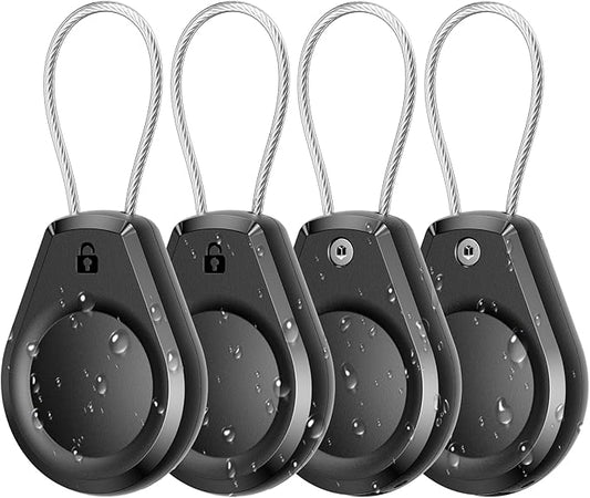 Waterproof AirTag Keychain Holder - (4 Pack) Air tag Lock Case with Wire Cable Compatible with Apple AirTags, Ultra Durable Anti-Lost Protective Case with Keyring for Luggage, Key, Backpack, Black