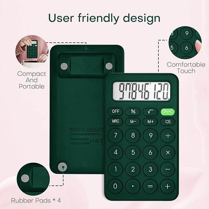 Cute Basic Four Function Calculator for Teachers & Students - Small Handheld, 8 Digit LCD Display, Sensitive Buttons, 5.5 x 3.2 inches, Deep Green