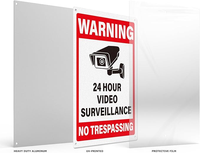 4 Pack 24 Hour Video Surveillance Signs 12 × 8 Inches No Trespassing Warning Sign Aluminum Reflective UV Protected Waterproof Signage for Home Business Yard