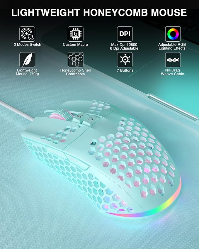 SM900 Green Wired Gaming Mouse with Honeycomb Shell,12800 DPI,7 Programmable Buttons,Lightweight Gaming Mice Ergonomic Computer Mouse Gaming for Windows/PC/Mac/Laptop Gamer