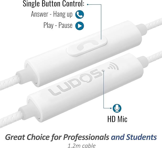 LUDOS Clamor Wired Earbuds in-Ear Headphones, 5 Years Warranty, Earphones with Microphone, Noise Isolating Ear Buds, Memory Foam for iPhone, Samsung, School Students, Kids, Women, Small Ears - White