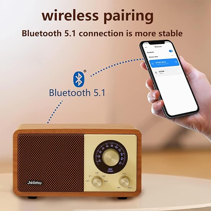 Vintage FM Radio Bluetooth Speaker, 2600mAh Rechargeable Radio with Built-in FM Antenna for Home Kitchen and Living Room with Rotary Knob