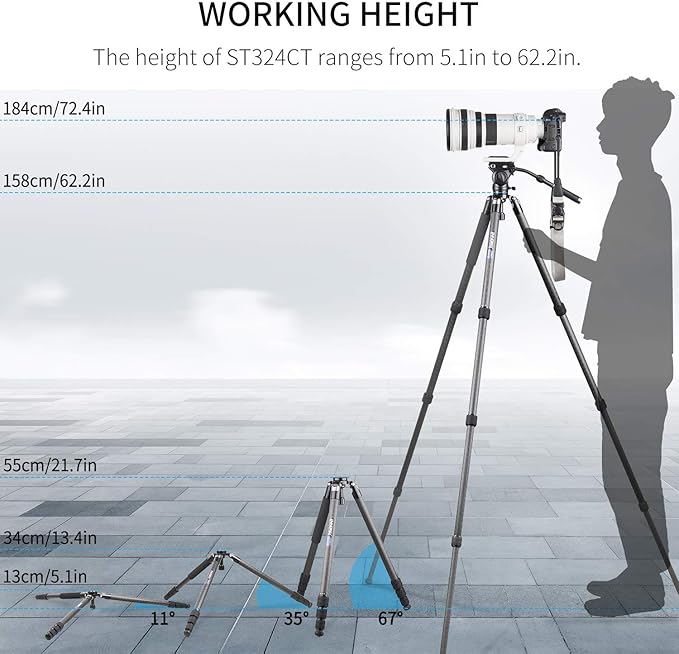 INNOREL ST324CT/ST324CF Carbon Fiber Tripod Max Height 160cm Max Load 30kg Max Tube Dia 32mm Professional Birdwatching Heavy Duty Camera Stand (Rotate Lock)