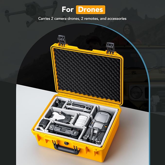 Lykus PVC1 Waterproof Hard Camera Case with Padded Dividers for Cameras, Lenses, Dual DJI Mavic/Air/Mini/Flip drones