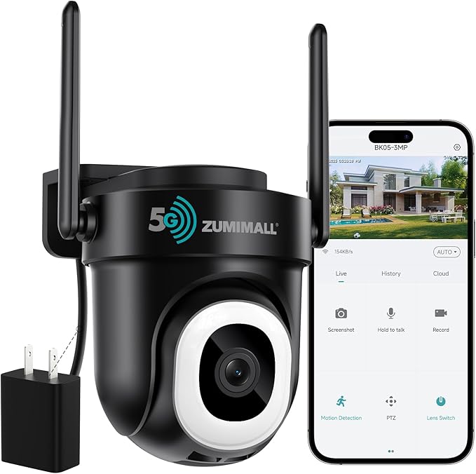 ZUMIMALL Security Camera Wireless Outdoor 3MP HD Black, 2.4G/5G WiFi, 24/7 Recording Wired Power | Auto Tracking, Motion & Noise Detection, Color Night Vision, 2-Way Audio | Alexa, Google