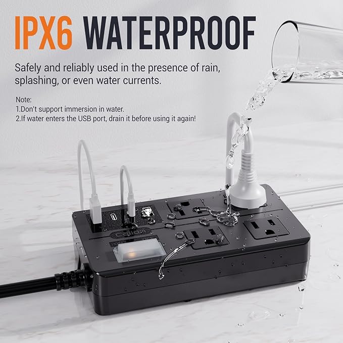 VNJ Outdoor Power Strip with 4AC Outlets + 4USB Ports, IPX6 Waterproof Surge Protector, Safety Lock Design and ETL-Certified Cables, 15FT Extension Cord for Home, Garden, and Commercial Use