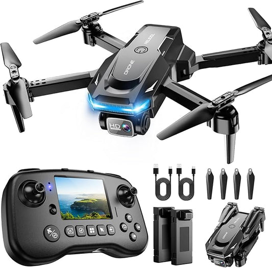 Drone with Camera - Drone with Screen on Controller for Beginners, Foldable Remote Control Quadcopter with Voice Gesture Control, 3D Flip, One Key Start, Emergency Stop, 2 Batteries, Easier to use
