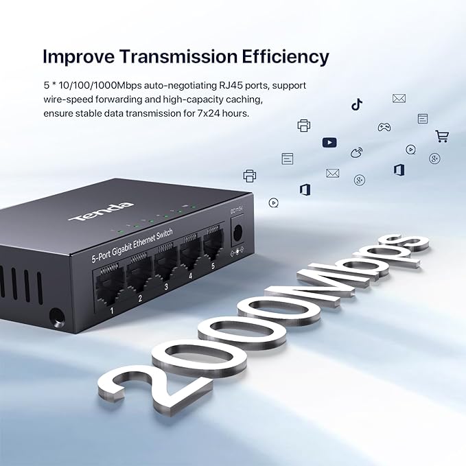 Tenda TEG1005D 5 Port Gigabit Switch, Unmanaged Ethernet Switch, Network Splitter with Traffic Optimization, Plug & Play, Fanless Metal Design Network Switch,IGMP,QoS (Black)