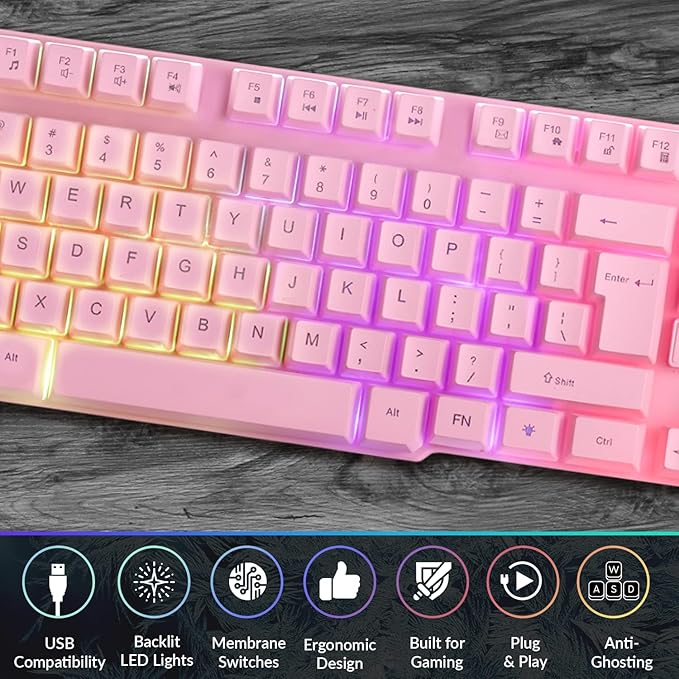 Orzly Pink Gaming Keyboard RGB USB Wired Rainbow Keyboard Designed for PC Gamers, PS4, PS5, Laptop, Xbox, Nintendo Switch, RX-250 Hornet Edition