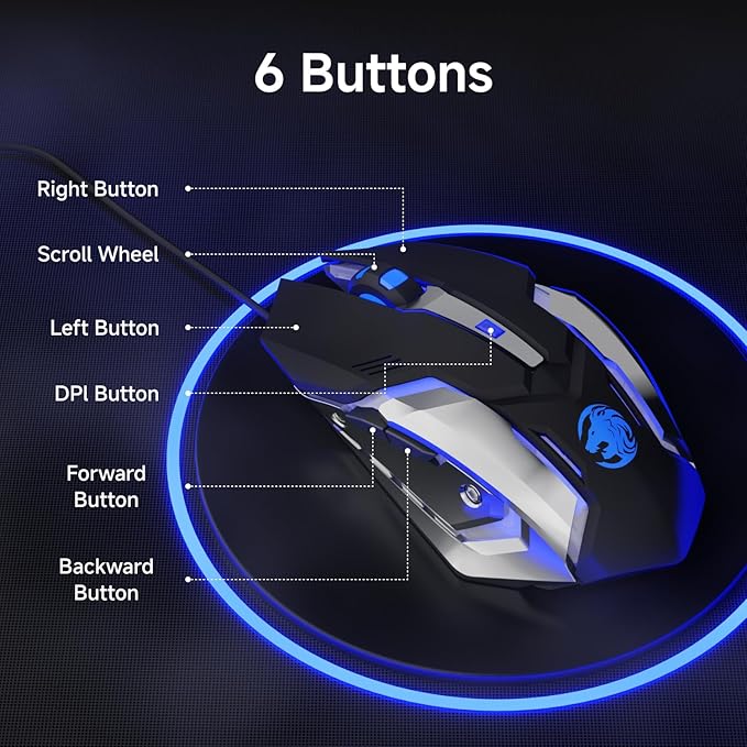 EWEADN G3 Wired Gaming Mouse, 2400 DPI Wired Optical Mouse with 6 Programmable Macro Buttons, Metal Base, 4-Color Breathing Light for PC/Laptop/Windows-Black