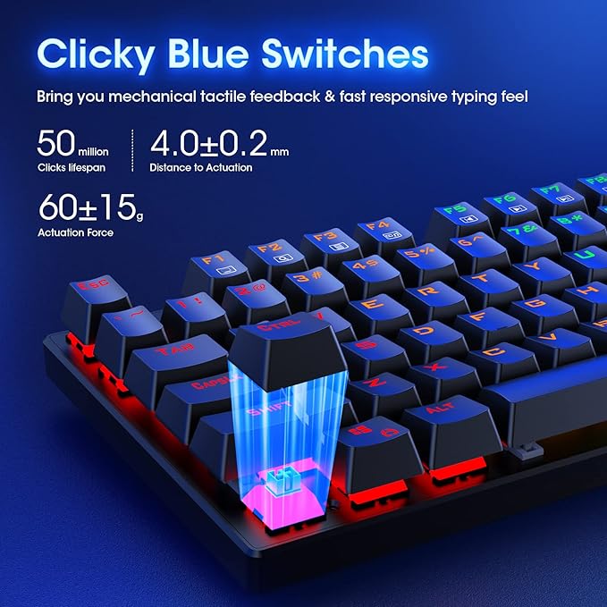 RisoPhy Mechanical Gaming Keyboard, RGB 104 Keys Ultra-Slim LED Backlit USB Wired Keyboard with Blue Switch, Durable Abs Keycaps/Anti-Ghosting/Spill-Resistant Computer Keyboard for PC Mac Xbox Gamer