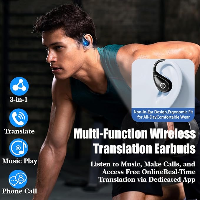 AI Real-Time Translation Earbuds, Bluetooth 5.4 Language Translation Headphones, Supporting 144 Language Accents, Ear-Hanging Language Translation Device, Suitable for Business Travel and Learning