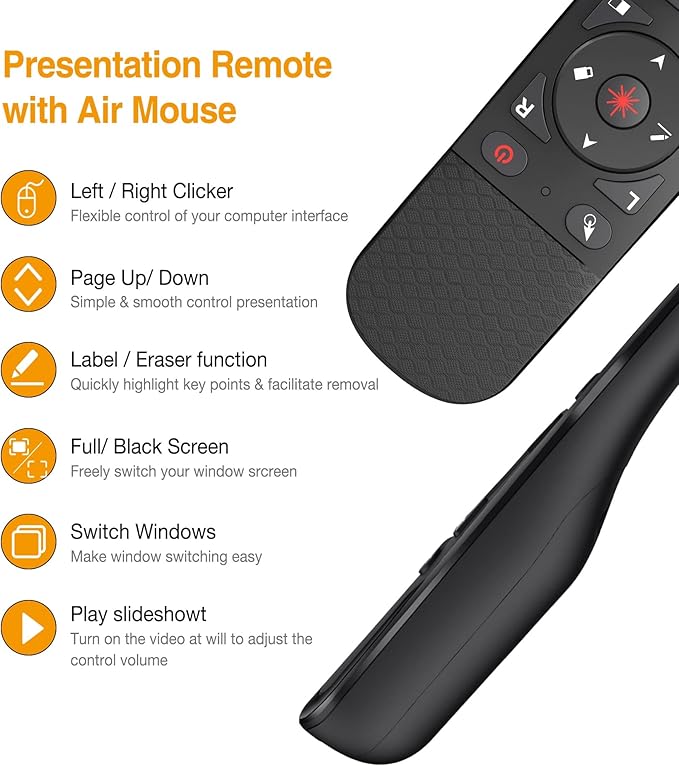 Presentation Remote with Air Mouse Function, Wireless Presenter Clicker RF 2.4GHz USB Laser Pointer Presenter Control PowerPoint Presentation Clicker for Mac, Laptop, Computer