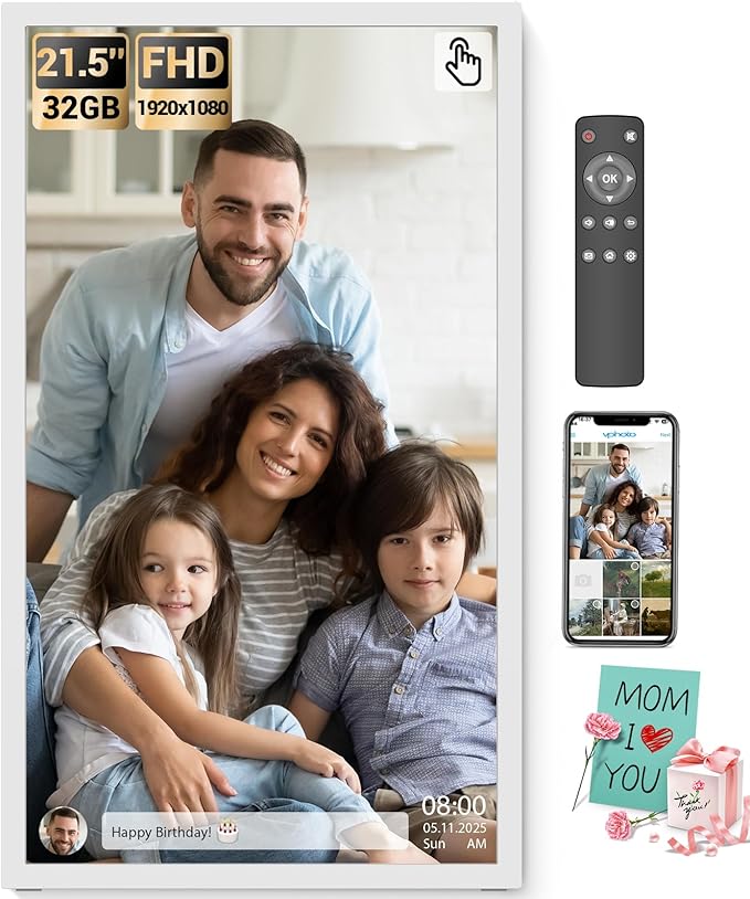 BSIMB Large Digital Picture Frame 21.5 Inch, 64GB Touchscreen 1920x1080 FHD WiFi Digital Photo Frame Electronic Remote Control, Share Pictures/Videos via App/USB/SD Easy Setup Gifts for Mom, White