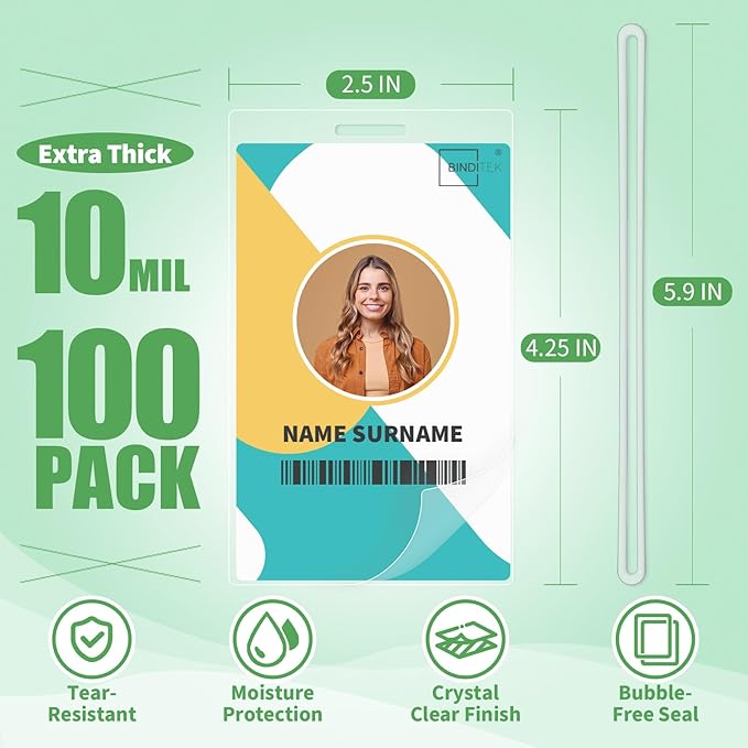 Binditek 100 Pack 10 Mil Thermal Laminating Pouches, 2.5 x 4.25 Inches with Hole and Loops, for Luggage Tags, Ultra Clear, Heat Seal, Glossy, for Office and Home Use