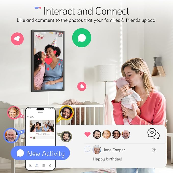 NexFoto 24 Inch Touchscreen Digital Picture Frame Large, FHD WiFi Electronic Photo Frame 64GB, Add Photos from Google Photos, Upload Videos via App/USB/Micro SD, Gifts for Housewarming, Mom, Black